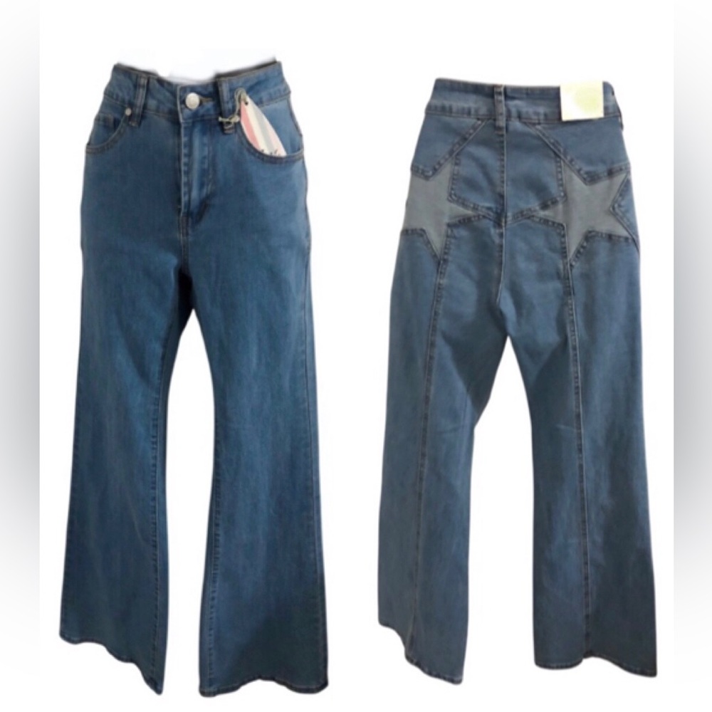 Wide leg star back pocket detail‎ boho festival ready jeans size 7/28 brand new
